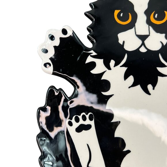 Cats by Nina Lyman Black White Ceramic Plate Platter Orange Eyes Laying on Back - Picture 3 of 11